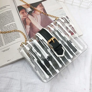 

AUAU-Striped Clear Transparent Pvc Women Messenger Crossbody Bag Chains Jelly Summer Beach Bag 2Pcs Women Handbag