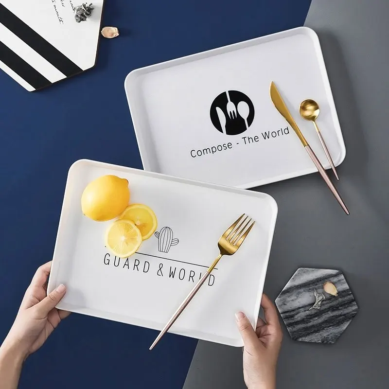 

Simple Nordic Style Square Print Tray Plastic Skid Plate Breakfast Pastries Western Cutlery tray Home Organizer