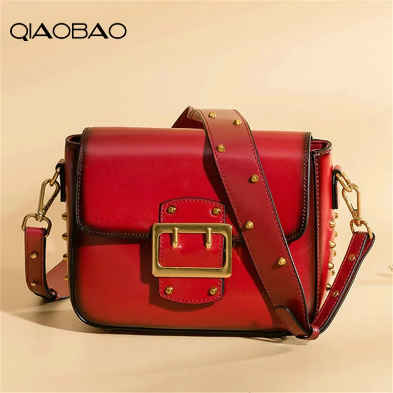 

QIAOBAO Spring and summer packets 2019 new tide Cowhide Leather rivets small party casual fashion wild retro shoulder Messenger