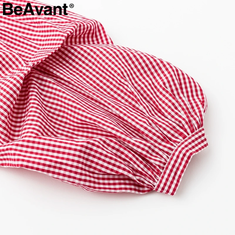 BeAvant Plaid v neck black blouse shirts Women puff sleeve summer blouse tops 2018 Causal striped blue blusas tops shirts female BeAvant Plaid v neck black blouse shirts Women puff sleeve summer blouse tops 2018 Causal striped blue blusas tops shirts female