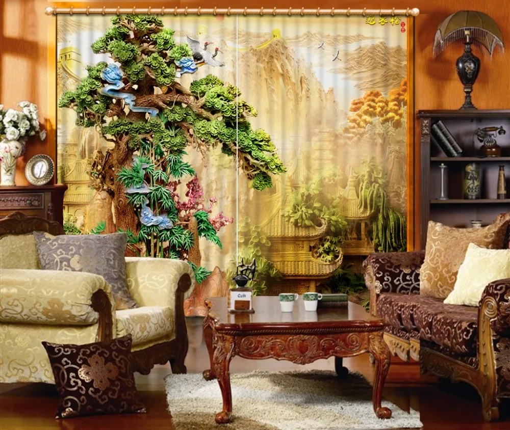 

Chinese Printing Blackout 3D Curtain tree polyester/ cotton Curtain Hooks 3D Sheer Curtains Bedroom Window Curtains