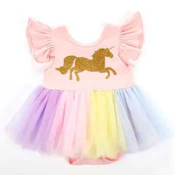 

Newborn Toddler Baby Girls Unicorn Lace Tutu Bodysuit Ruffles Sleeve Mini Dress Outfits Costume Size 0-24M