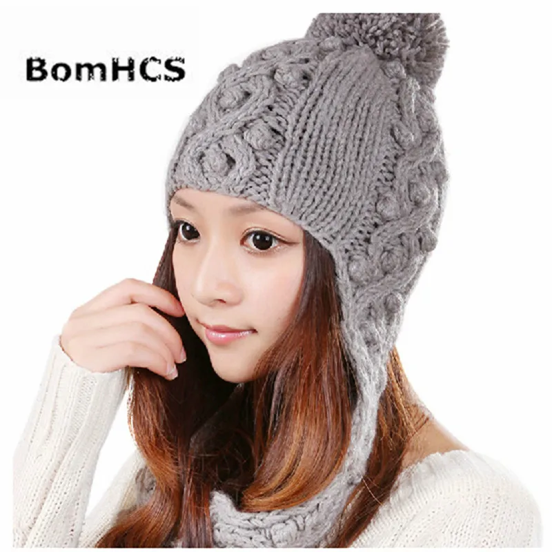 BomHCS сплошной цвет полые зимние женские теплые ушные Муфты Вязаная шапка воротник шарф шапочка шапка красивое кружево кроше ручная работа вязаная шапка Skully - Цвет: Серый