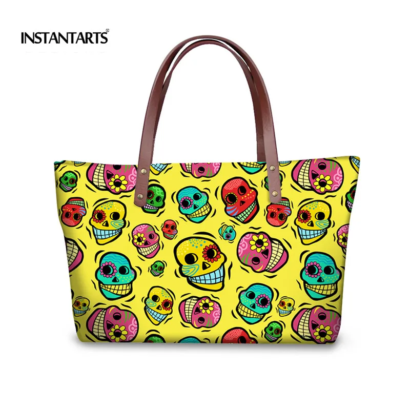 

INSTANTARTS Punk Skulls Print Women Big Capacity Handbag Casual Tote Shoulder Bag for Ladies Shopping Bag Female Top Handle Bags