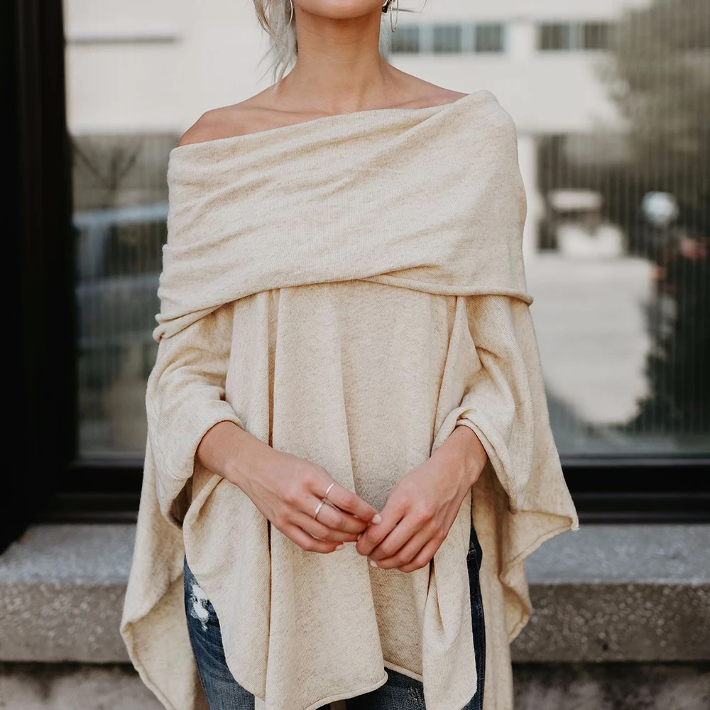 

Women Off Shoulder Tops Fashion Asymmetric Solid Long SleevePullovers Casual Overlap Poncho Loose Irregular Hem Female Shirt