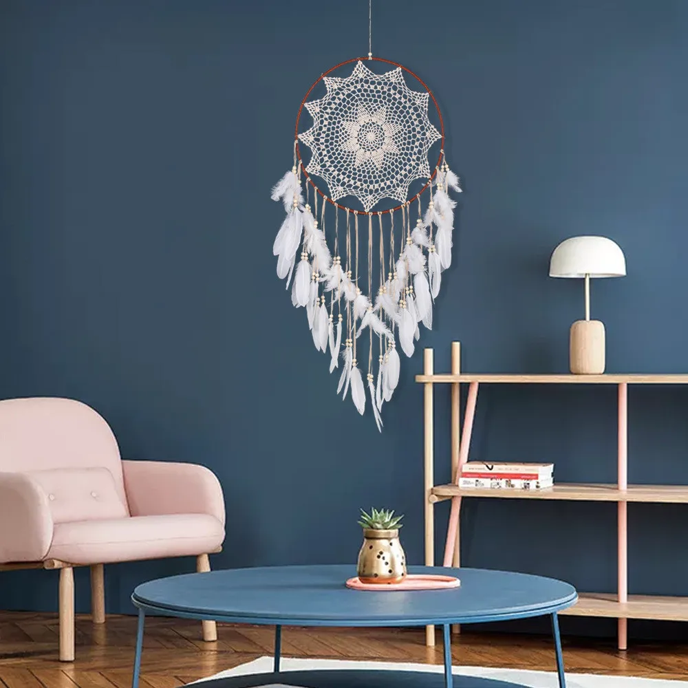

BIg Dream Catcher Home Decor White Feather Dreamcatcher Wind Chimes Indian Style Religious Mascot Car Wall Decoration J20