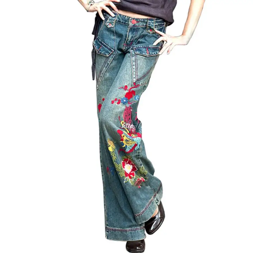 

plus size 26-32!2019 spring autumn women loose jeans high waist embroidered wide leg jeans