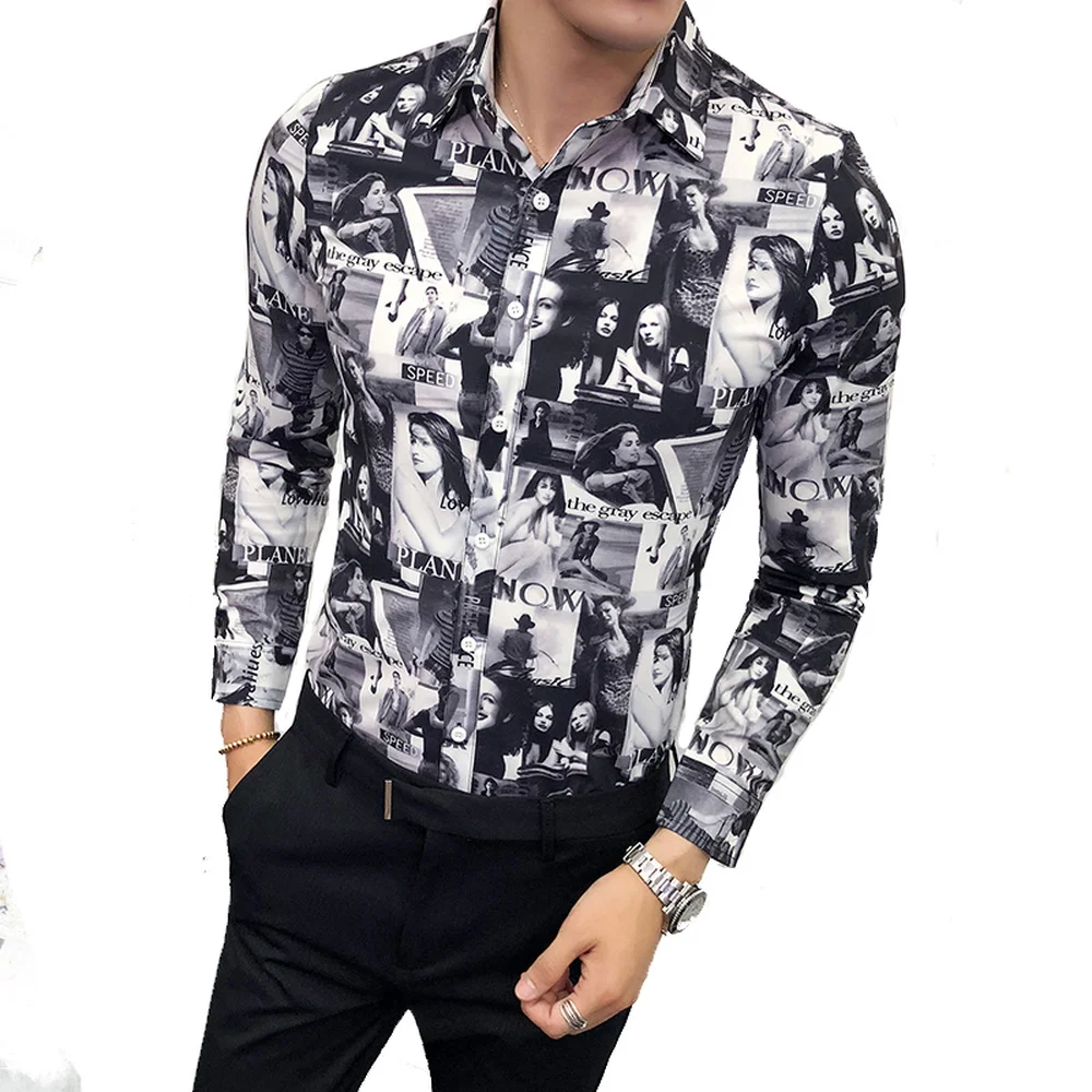 

2019 Mens Business Casual Long Sleeved Shirt Temperament Tops Classic Print Male Social Dress Night Club Party Shirts Outwear