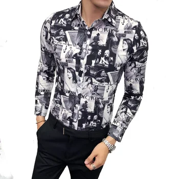 

2019 Mens Business Casual Long Sleeved Shirt Temperament Tops Classic Print Male Social Dress Night Club Party Shirts Outwear