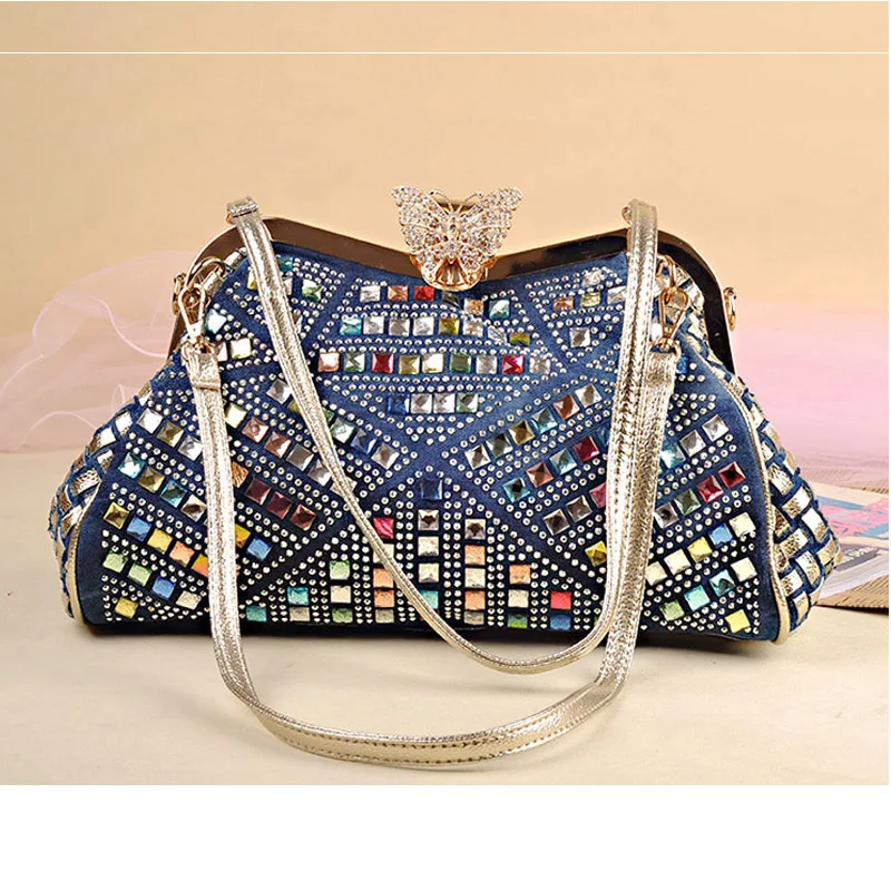 iPinee Ladies Handbags Women Fashion Bags Brand Design Women' Shoulder Bags Denim Rhinestones Decorative