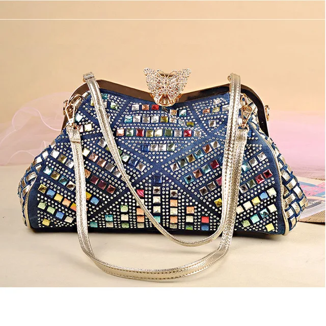 iPinee Ladies Handbags Women Fashion Bags Brand Design Women' Shoulder Bags Denim Rhinestones Decorative 2