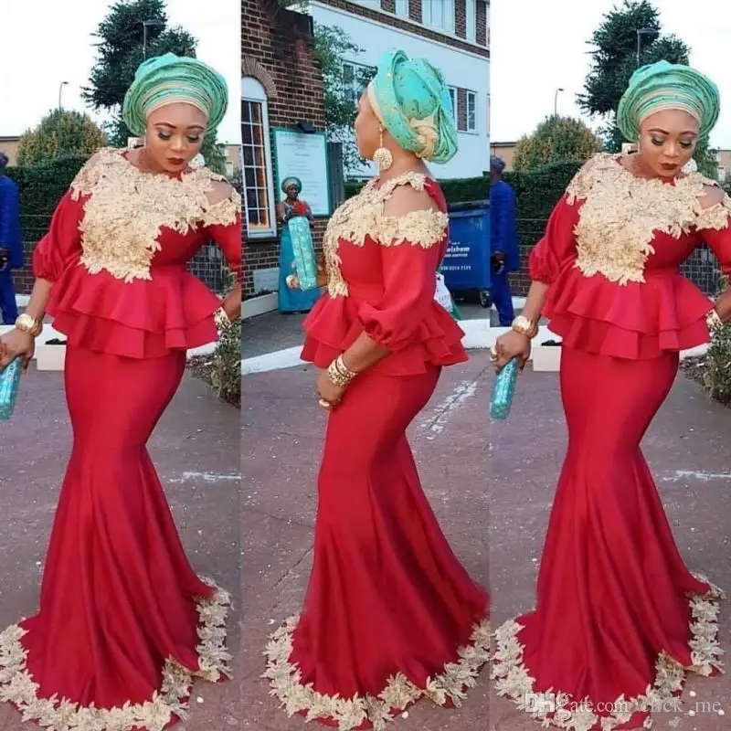 

Nigerian Woman Party Gowns Cutaway Red Formal Dresses Mermaid 3 4 Sleeves Peplum Elegant Evening Gown Applique abiye