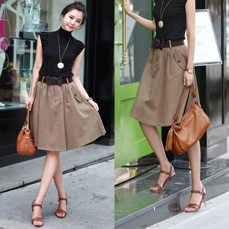 Spring Summer Vintage Bust Skirt Girls Student All Match Brief High Waist Knee-Length Pockets A-Line Pleated Skirt Women Casual Skirts