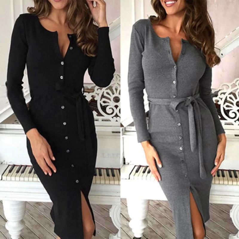

2018 New AU Lady Long Sleeve Buttons Down Pencil Dress Cotton V-Neck Sashes Lace-up Sexy Bandage Dress