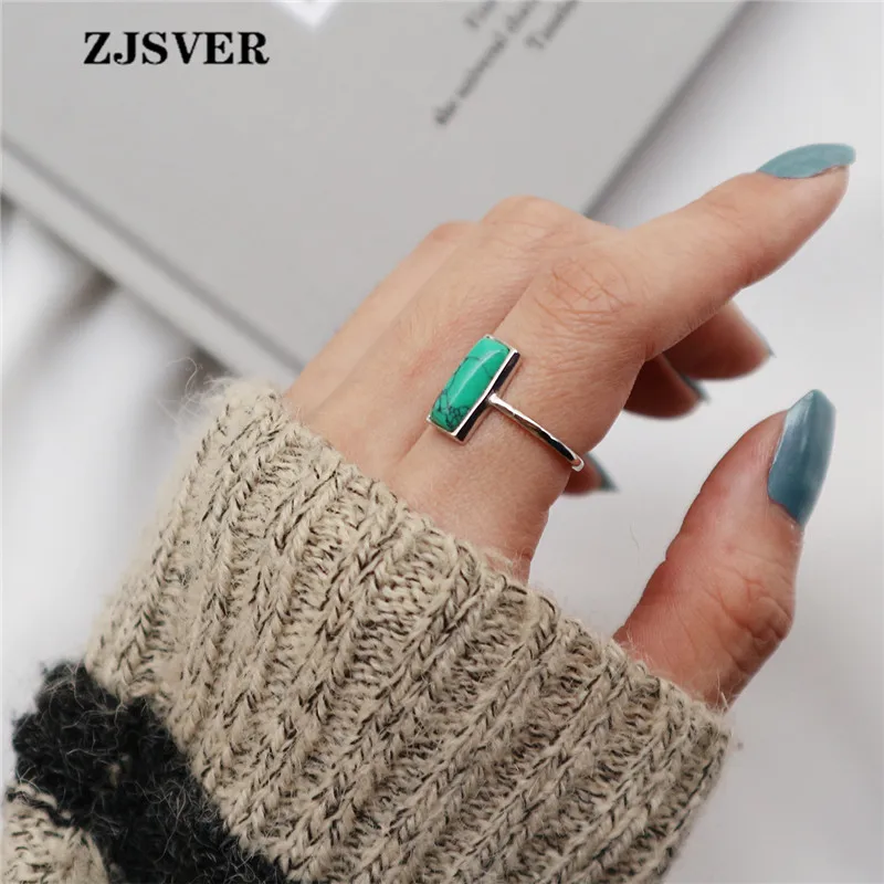 

ZJSVER Fine Jewelry 925 Sterling Silver Rings Fashion Rectangular Turquoise Opening Adjustable Silver Women Ring For Present