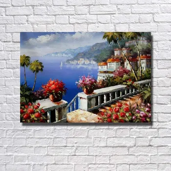 

No frame cheap Handmade Oil Painting On Canvas Modern seaside garden build wall art picture for Living Room home decoration