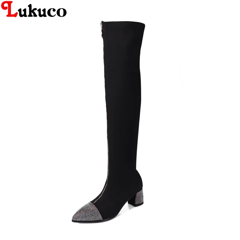 

Lukuco Brand Women Boots Spring Autumn Stretch Fabric Over the knee Botas Size 40 41 42 43 Handmade Free Shipping Women Shoes