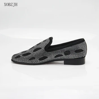 

XOBZJH 2019 New Men Shoes British Style Wedding Party Handmade Rhinestone Shoes Men Flats Leather Silver Loafers Shoes Big Size