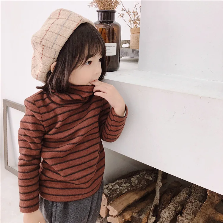 

Winter Korean style girls brushed fleece thicken long sleeve high collar striped T shirts boys casual warm base Tops clothes