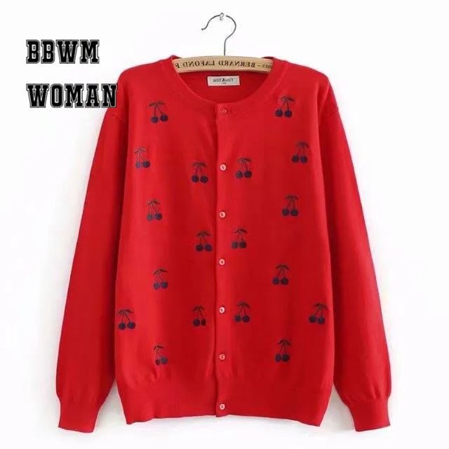 Круглый вырез большой размер теплый женский свитер осень зима вязаный Femme вишня вышивка кардиган женский топы CherryS5 - Цвет: Красный