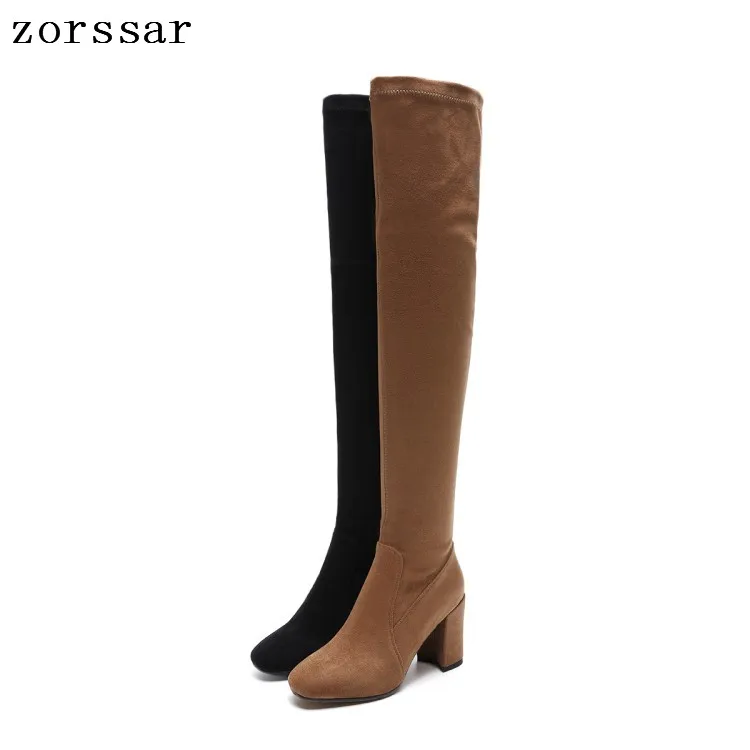 

{Zorssar} fashion Nubuck leather boots Female over The Knee boots Square High heel women Thigh High boots Winter fur warm shoes