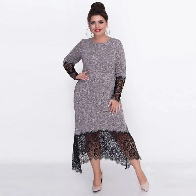 

Fashion Brand Women Party Irregular Lace Dress Plus Size 6XL Vestidos O Neck Grey Cotton Casual Oversized Autumn Winter Dresses