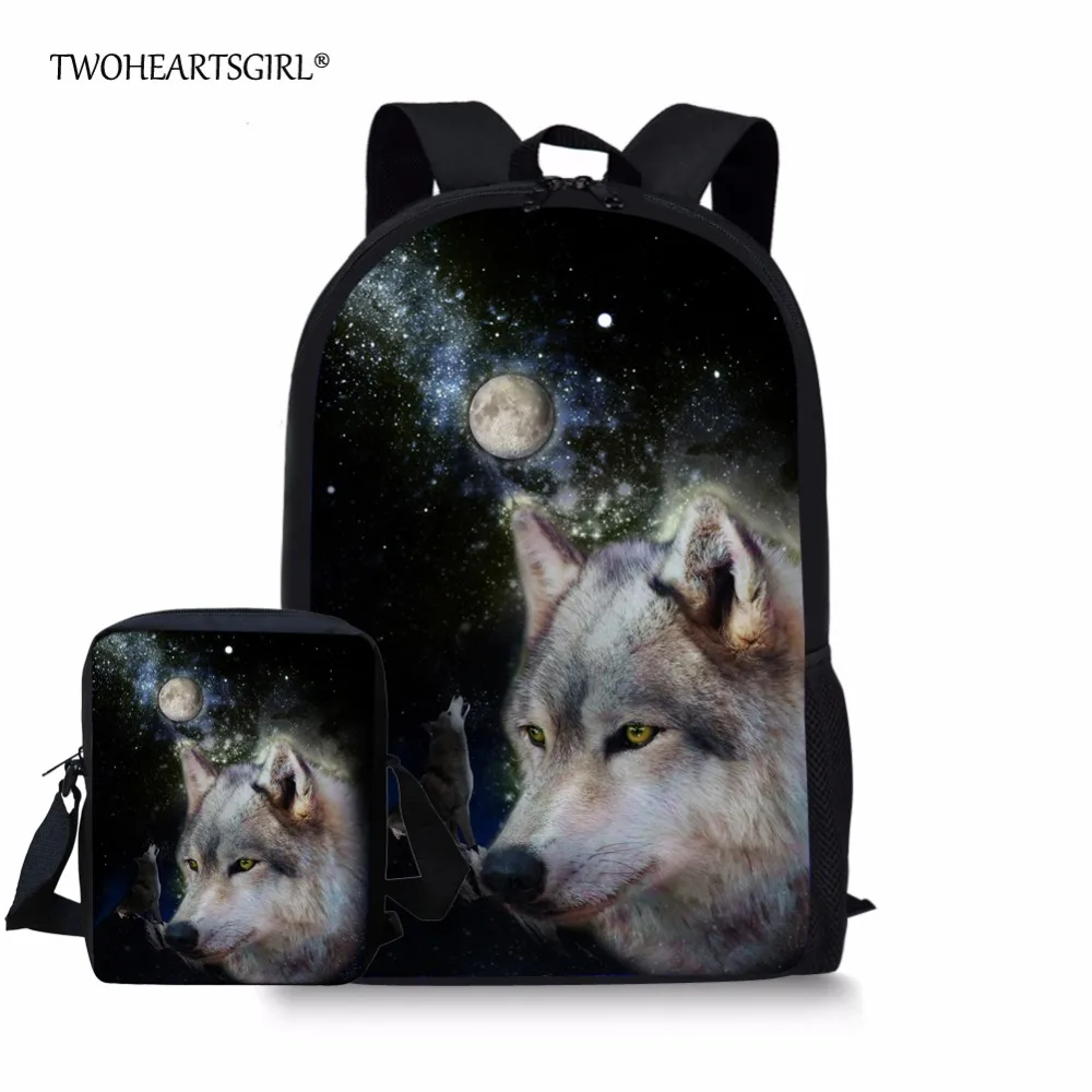 

Twoheartsgirl Cool Print 3d Animal Wolf Schoolbag Set for Teenager Boys Girls Unique Student Kids School Bag High School Bookbag