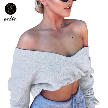 

V Neck Sweatshirt Off Shoulder Hoodie Crop Top Poleron Mujer 2019 Plain Hoodie Streetwear Women Sexy Cropped Hoodie Punk Fashion