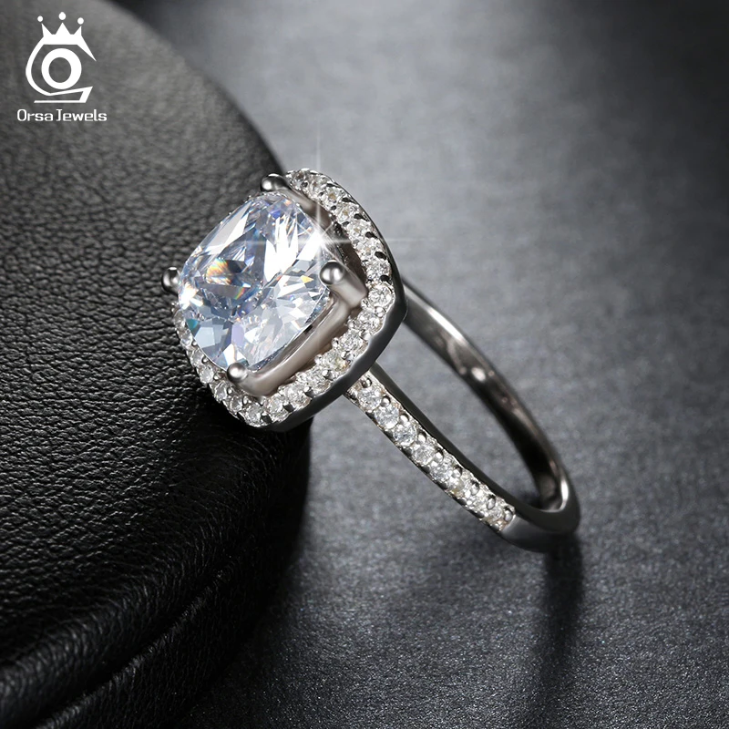 ORSA JEWELS Top Grade Wedding Ring with Big Size 2 Ct Cushion Cut Cubic Zircon Ring Luxury Engagement Ring for Women OR94