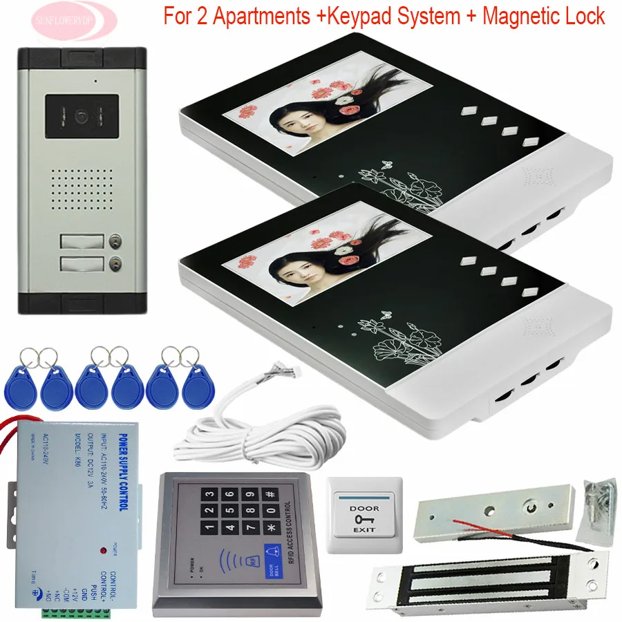 4.3'' Video Door Phone 2 Monitors With Electronic Magnetic Lock Wired Intercom For Private House Access Control Power Supply Kit