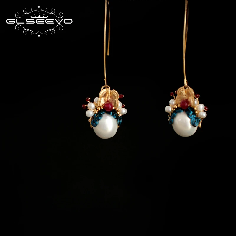 

GLSEEVO Natural Fresh Water Pearl Dangle Earrings Peking Opera Long Drop Head Earrings For Women Unique Jewelry GE0794