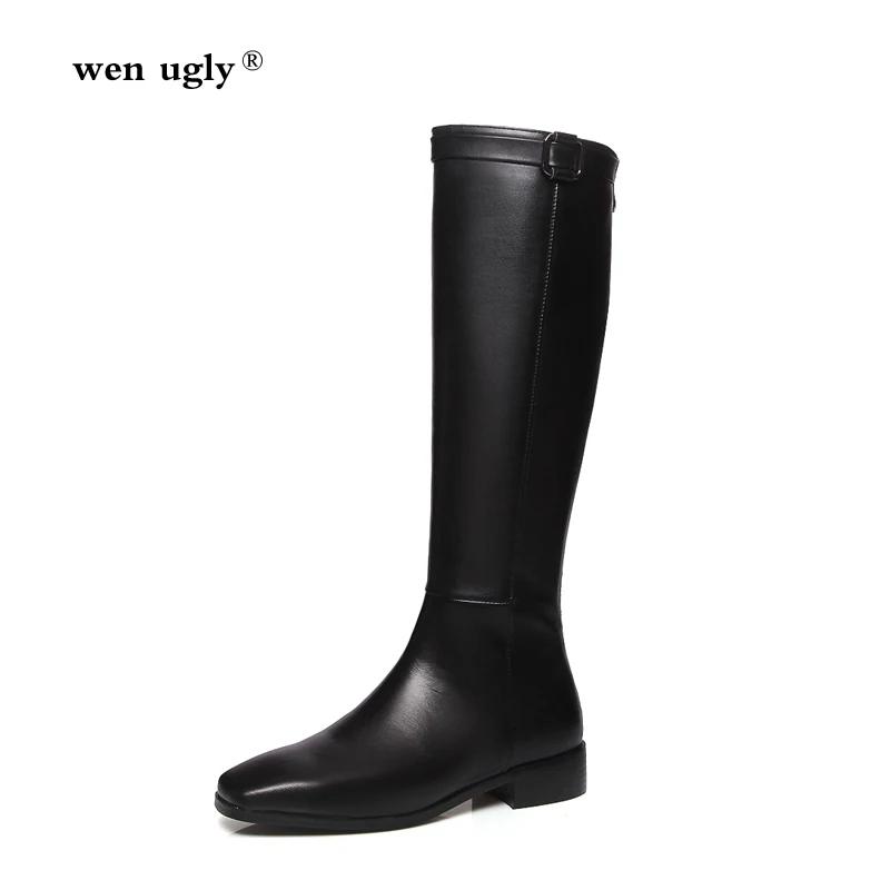 

wen ugly Leather riding boots women's winter boots 2019 new buckle knee boots square head fashion knight boots large size 35-41