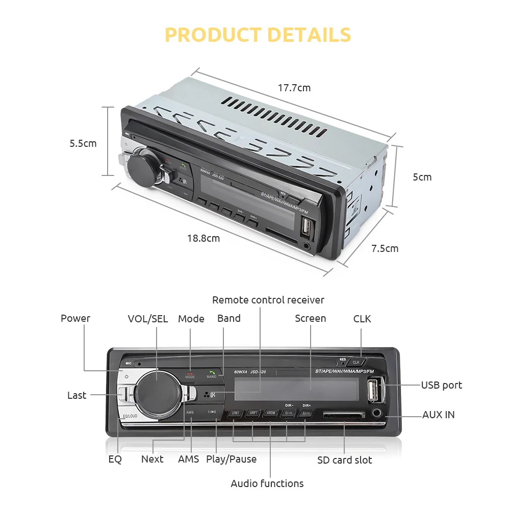 VicTsing JSD-520 Car MP3 Player Bluetooth FM Radio Stereo Receiver with Remote Control Support AUX USB SD Card Reader 12V        (10)