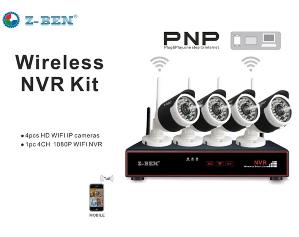 

Z-BEN ZB-WK204-1.0MP 2.4G 4CH Kits Security Camera System Set Wireless Surveillance IP Cameras With 1080P WIFI NVR for Russia