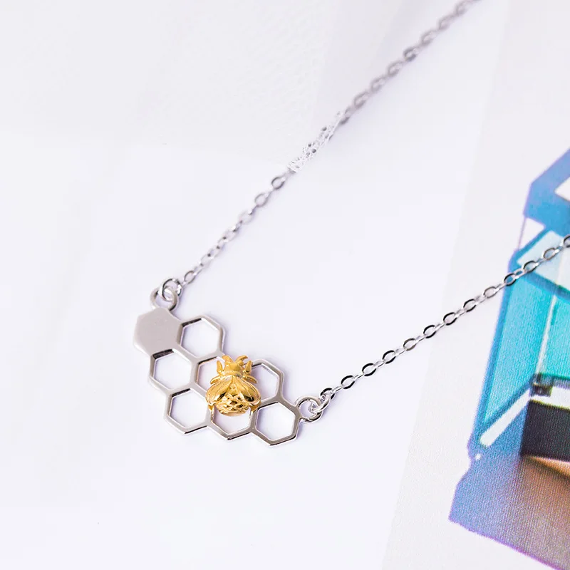golden bee Hive necklace woman 100% 925 Sterling silver nacklace Jewellery Clavicle chain pendant charms