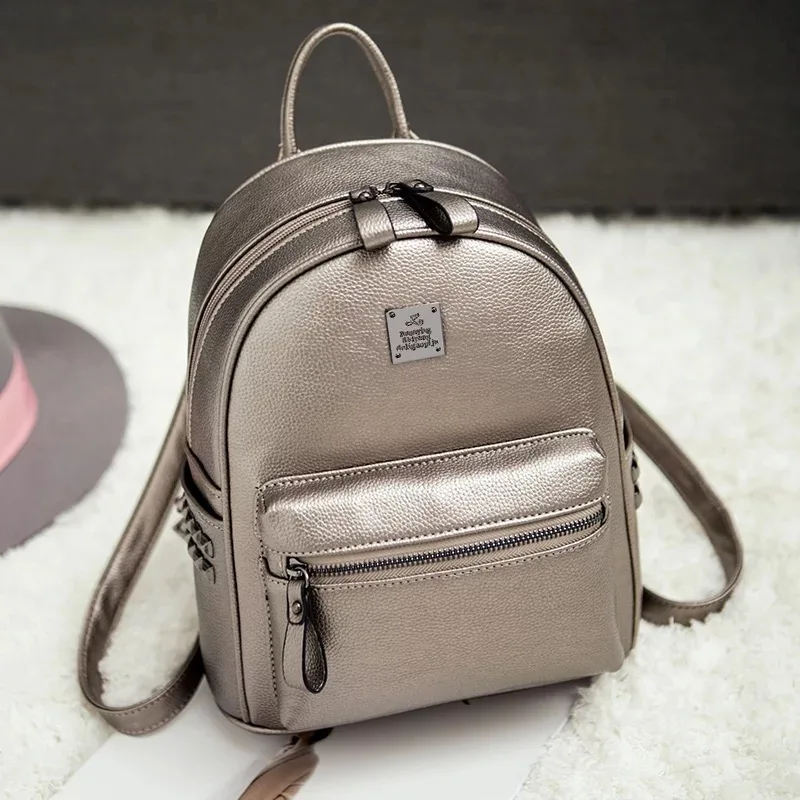 Mujeres Mochila De Cuero plata de estilo Preppy escuela mochilas para adolescentes mochilas mujeres Mochila