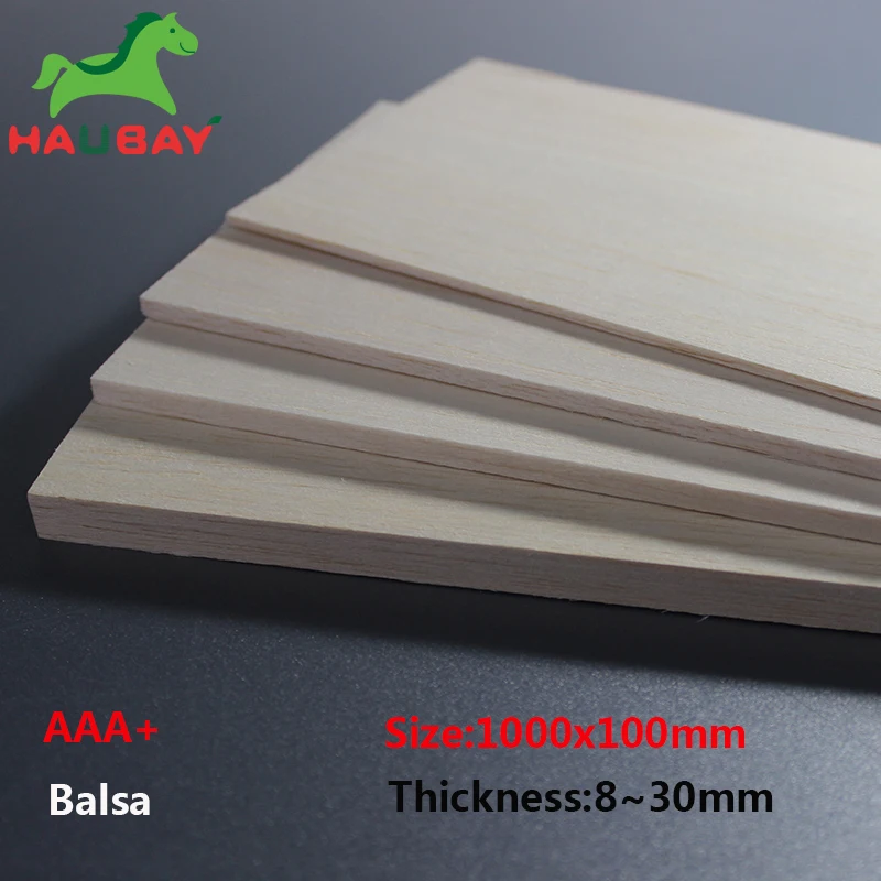 Haubay из бальзового дерева деревянные листы DIY 1000x100x8/10/12/15/20/25/30 мм для самолета