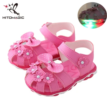 

HITOMAGIC New Summer Led Light Shoes Children Sandals Girls Flowers Hook & Loop Lighted Kids Baby Luminous Shoe Glowing Footwear