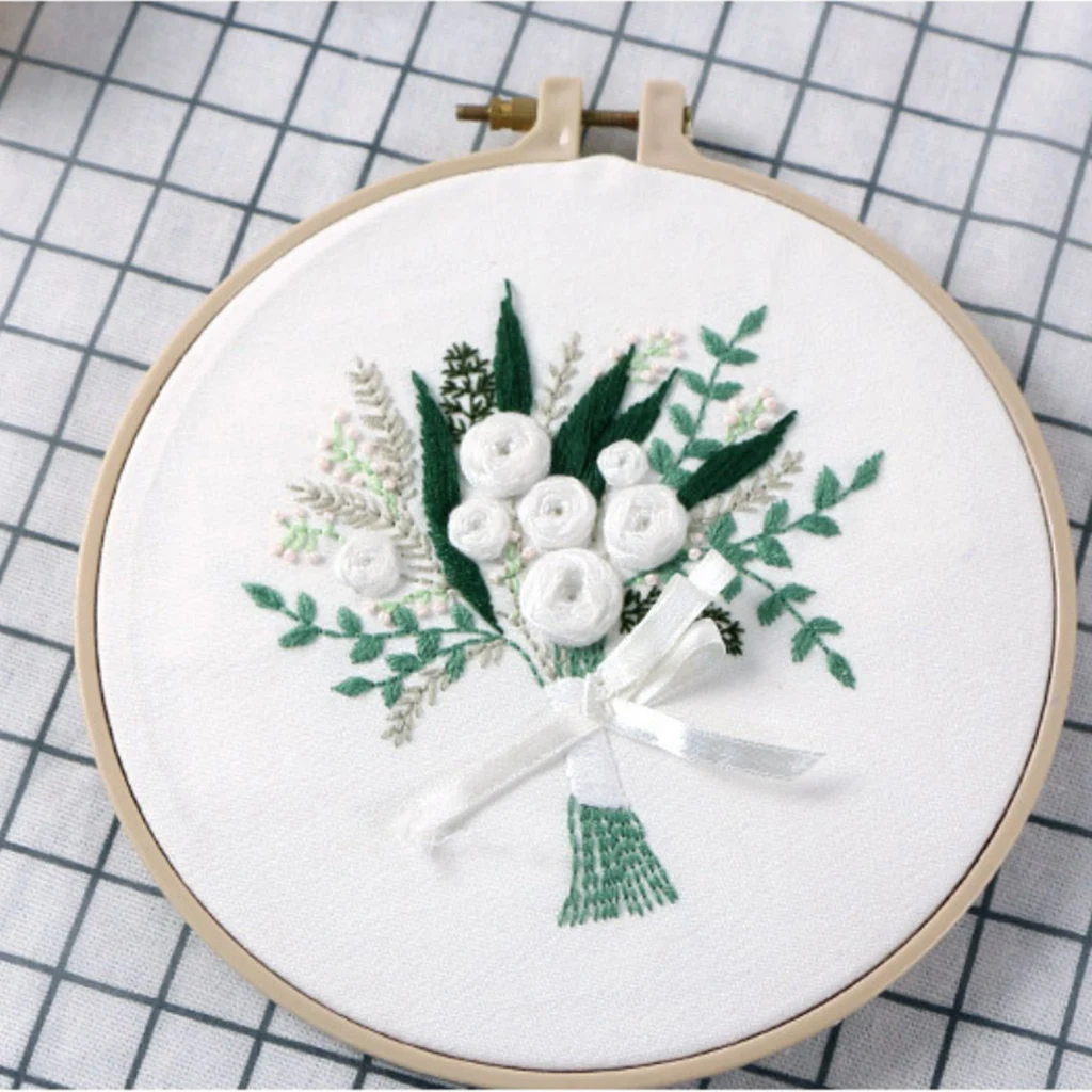 DIY Ribbon Flowers Embroidery Set with Frame Needlework Kits Cross Stitch 