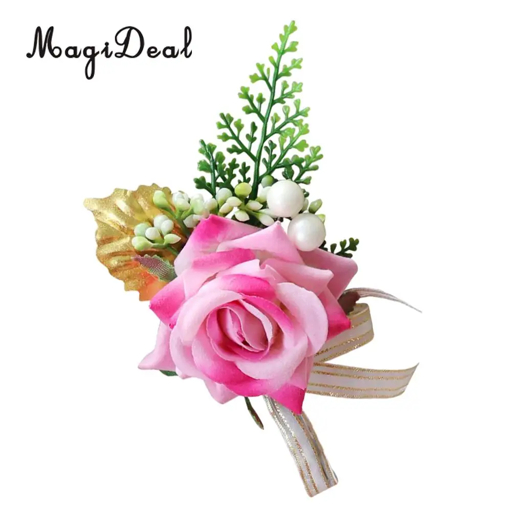 Romantic Artificial Rose Flower Pearls Wedding Corsage Boutonniere for Bridal Groom Fancy Dress