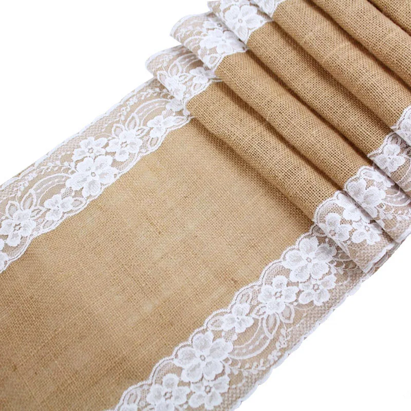 

275cmx30cm Vintage Natural Burlap Jute Linen Table Runner Lace Cloth For Dinning Room Restaurant Table Gadget Home Decor