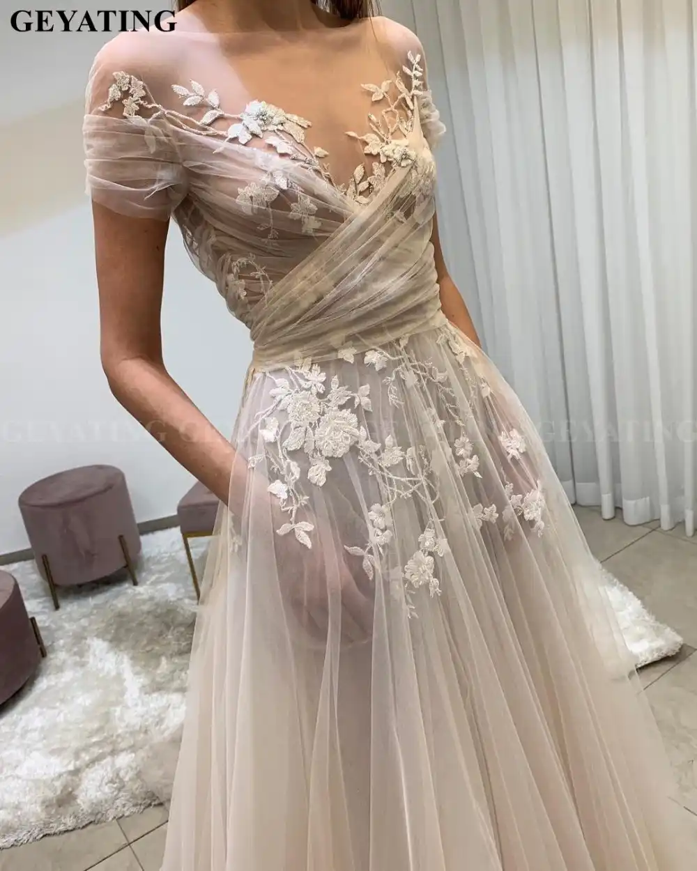 Vintage Sheer Lace Floral Boho Wedding Dress With Sleeve Pockets A