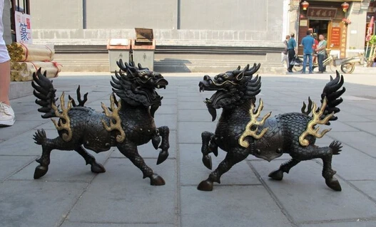 

xd 001476 China Pure Bronze Foo Dog Dragon Lion Fire kylin Lucky statue Pair