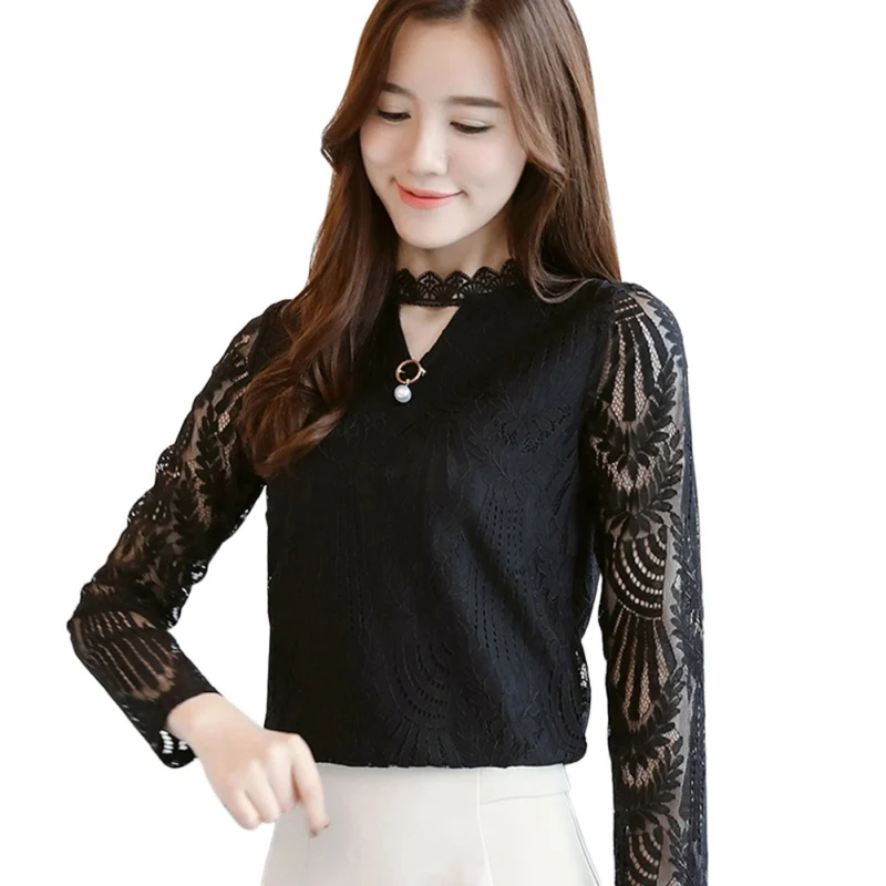 New Women Lace Blouse Long Sleeve Fashion Blouses and Shirts Hollow Out Crochet Blusas Casual Female Clothing Plus Size Femme W1