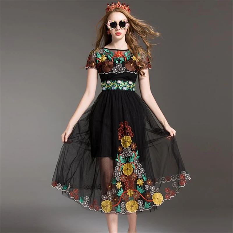 Uniquewho Обувь для девочек Для женщин цветок Вышивка Сетчатое платье черный в богемном стиле до середины икры платье Вечеринка Платья для