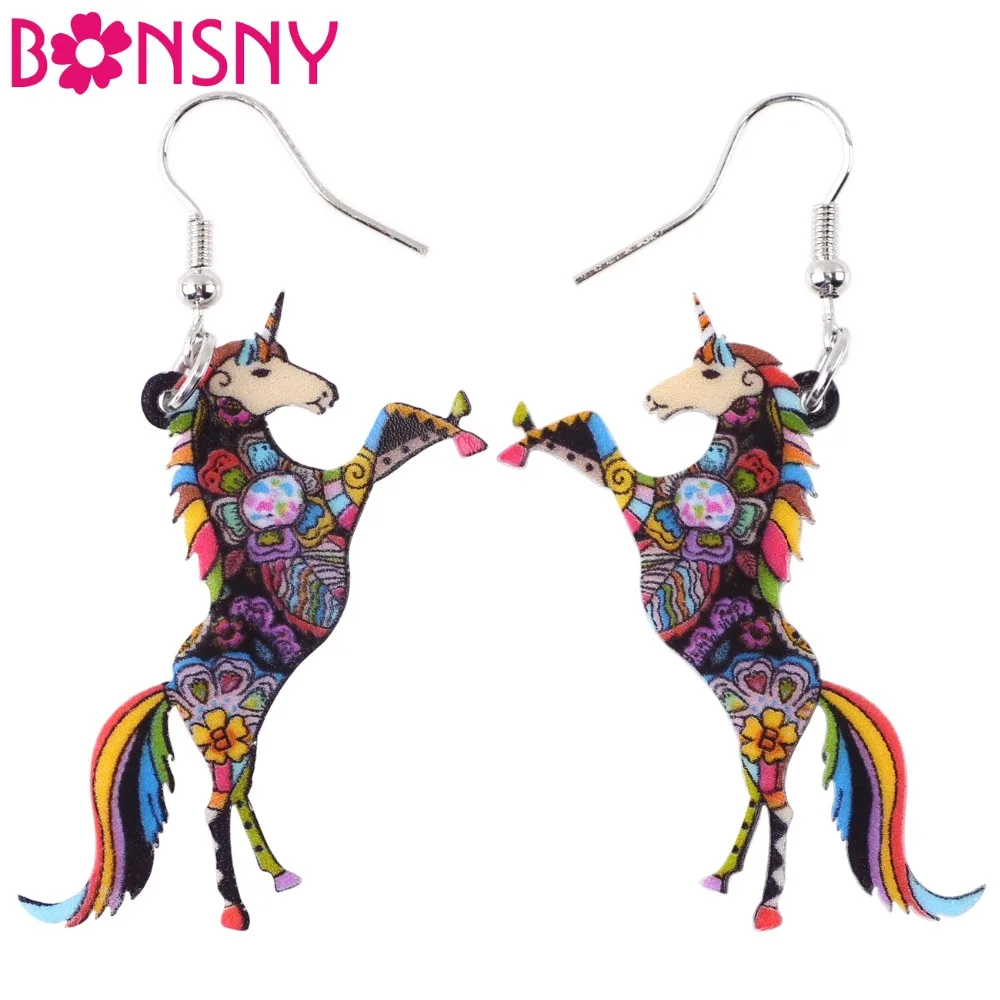 

Bonsny Fashion Big Long Animal Acrylic Stud Dangle Drop Unicorn Horse Earrings 2017 News Style Fashion Jewelry For Girls Women