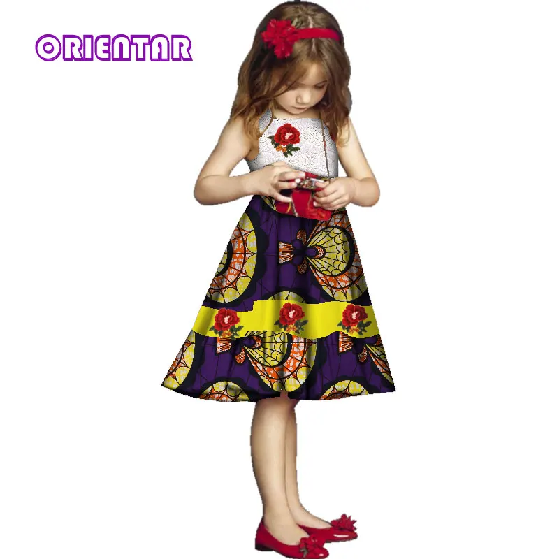 

Cute Kids Girl Sleeveless Dress White Lace African Print Children Midi Dresses Bazin Riche African Dress Party Ball Gown WYT275