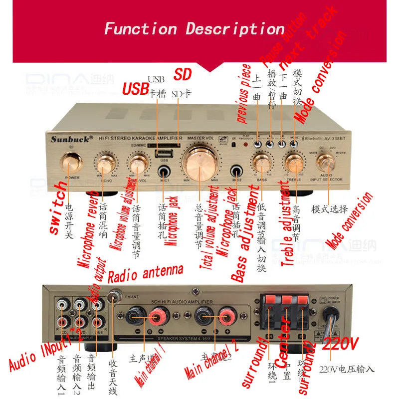 5,1 канальный усилитель домашний усилитель караоке усилитель цифровой высокой мощности с картой USB Bluetooth усилитель AV-338A