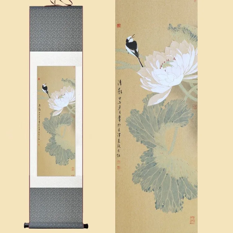 

Chinese Silk Watercolor Ink flower and bird White Lotus Bulbul feng shui art wall picture damask framed scroll canvas painting
