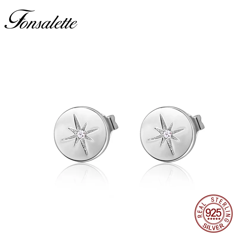 Fashion 925 Sterling Silver Disc Star Stud Earrings Simple Round Circle Cubic Zirconia Earring For Women Jewelry Gift ZK30 | Украшения и